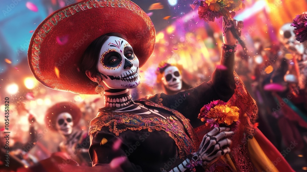 Vibrant celebration of Dia de los Muertos with joyful skeletons in traditional attire, showcasing culture and spirit. Vibrant celebration of Dia de los Muertos with joyful skeletons in traditional attire, showcasing culture and spirit.