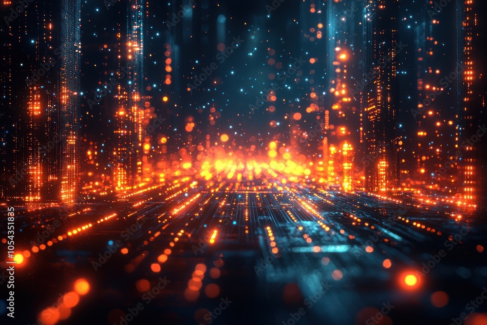 Abstract Digital Cityscape with Glowing Lights and Grid Pattern Abstract Digital Cityscape with Glowing Lights and Grid Pattern