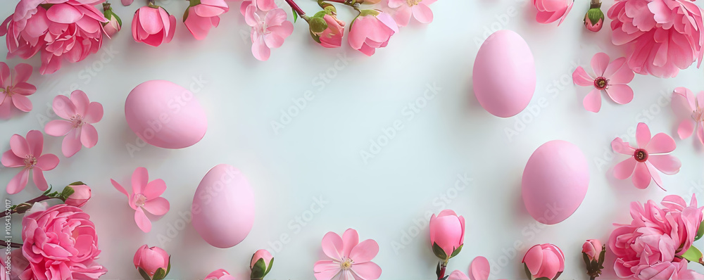 Happy Easter frame with pink eggs, peony flowers, cherry blossoms on pastel pink background with copy space. Spring horizontal banner template, greeting card. Top view, flat lay Happy Easter frame with pink eggs, peony flowers, cherry blossoms on pastel pink background with copy space. Spring horizontal banner template, greeting card. Top view, flat lay