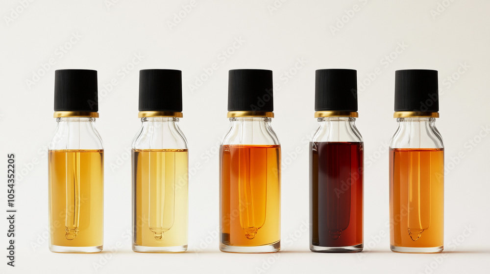 Five Glass Bottles with Droppers and Gold Caps Beauty Products Liquid Essential Oils A Five Glass Bottles with Droppers and Gold Caps Beauty Products Liquid Essential Oils A