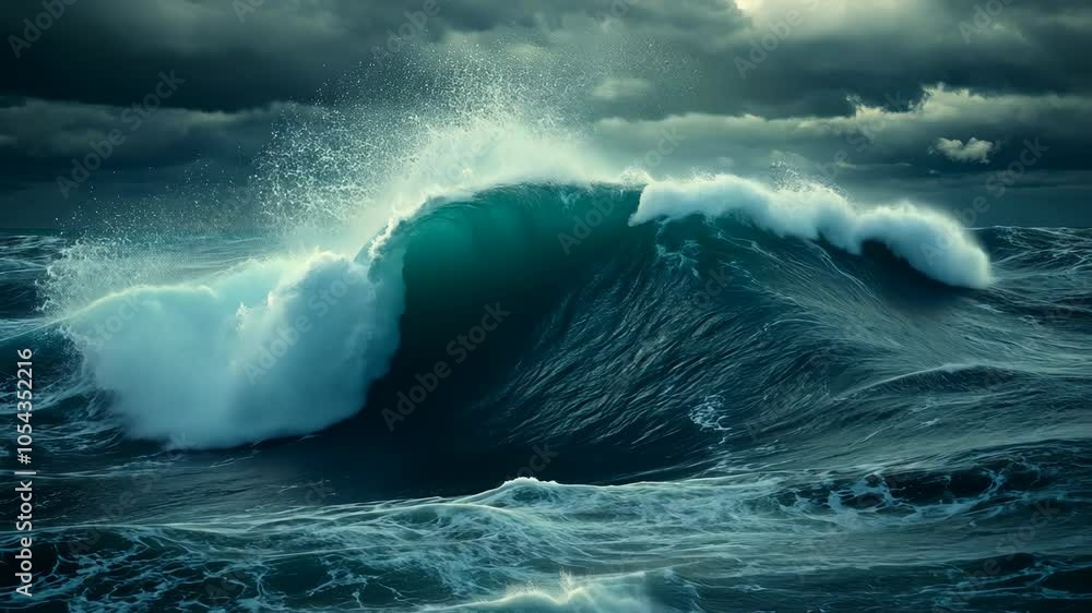 A large wave crashes in the ocean under a dark, stormy sky A large wave crashes in the ocean under a dark, stormy sky