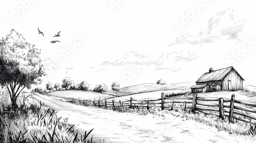 Rural farm landscape drawing hand drawn sketch vector black and white illustration. Pen and Ink Illustration. Illustration