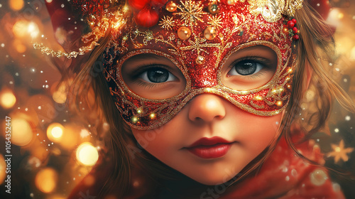 Close-Up Portrait of a Young Girl in a Festive Red and Gold Glitter Mask, Adorned with Snowflakes and Ornaments, in Warm Holiday Lighting with Bokeh Background