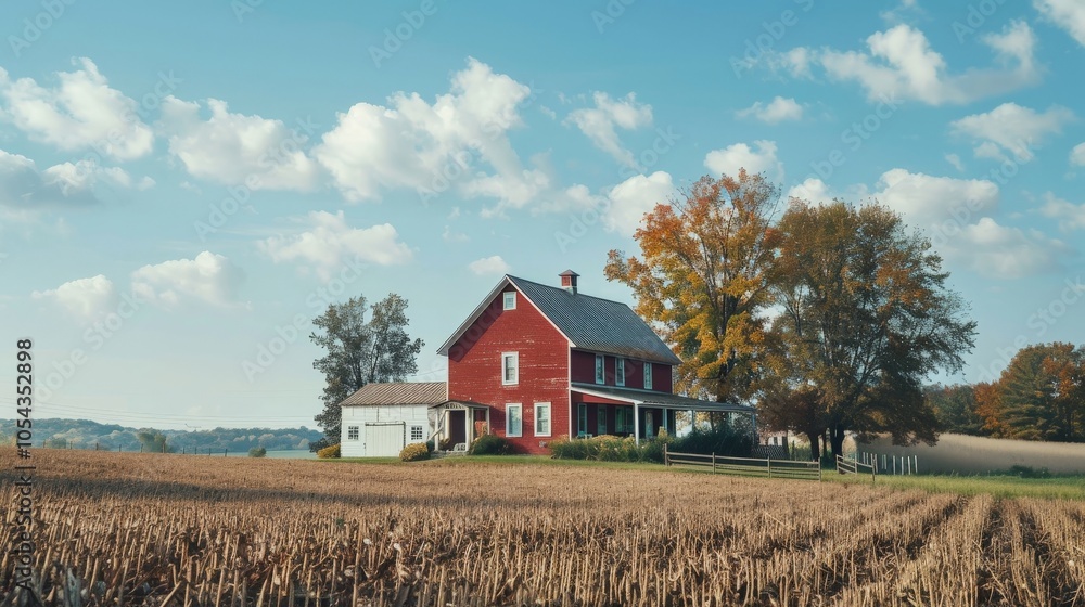 Obraz premium Rustic farmhouse with a red barn and wide-open fields, showcasing rural lifestyle and simplicity