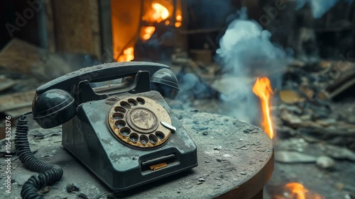 A Vintage Rotary Phone Surrounded by a FireDamaged and Chaotic Environment, Evoking Deep Memories and Emotions photo