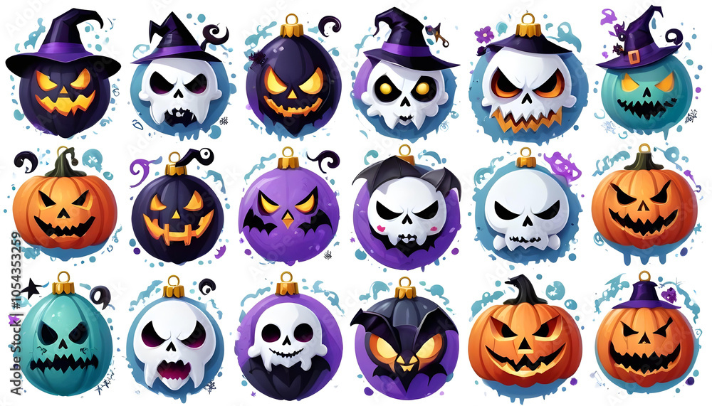 Collection of 3D icons of halloween pumpkins, bat icons, ghosts, witch hats, spider webs, skulls, old haunted houses on clean backgrounds Collection of 3D icons of halloween pumpkins, bat icons, ghosts, witch hats, spider webs, skulls, old haunted houses on clean backgrounds