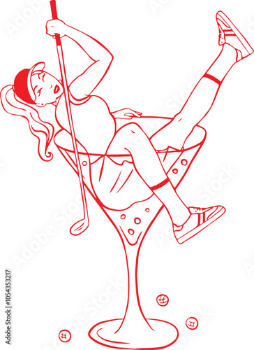 Retro golf girl in Martini cocktail glass line art sketch.