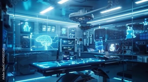 Futuristic operating room is equipped with advanced technology, displaying brain scans and patient data on transparent screens, showcasing the potential of future healthcare