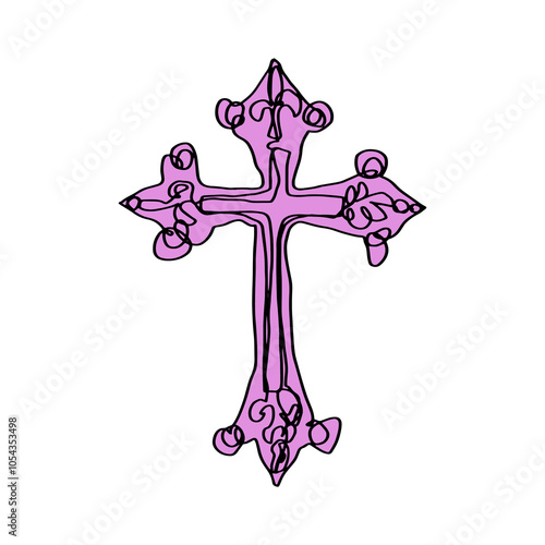 Violet purple gothic cross in yk2 drain goth aesthetic hand-drawn fashion isolated heart. Brush, ink decor element. Ornate patterned trendy vintage design vector, clip-art.