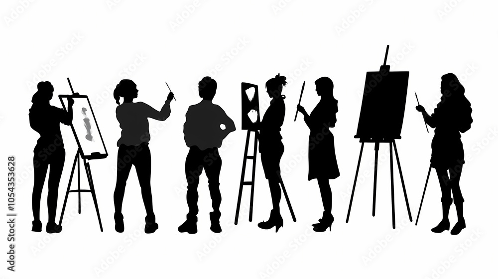 Obraz premium Silhouette of people artists, people painting at an easel, set, collection on a white background vector. Silhouette Art. Illustration