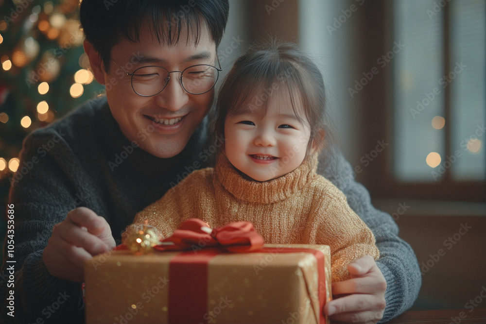 Smiling father and daughter exchanging Christmas gift by tree Smiling father and daughter exchanging Christmas gift by tree