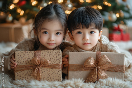 Adorable children with Christmas gifts under a festive tree setting