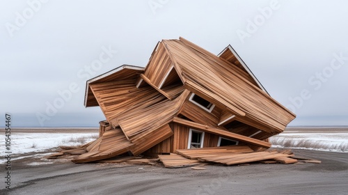 A tornado has heavily damaged an upside-down house in Westfield, New Jersey, leaving its roof scattered on the winter road nearby