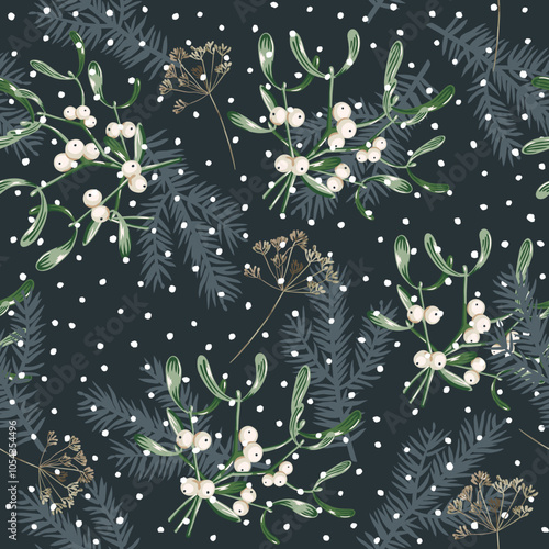 Christmas seamless pattern, mistletoe twigs with white berries, snow, black night background. Vector illustration. Nature design. Season greeting. Winter holidays