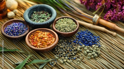 traditional Chinese medicine instruments, traditional Chinese medicine tools like acupuncture needles, herbs, and mortar and pestle displayed on a bamboo mat, representing holistic healing photo