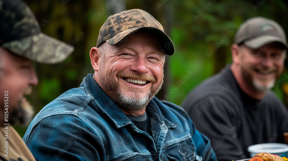 A man in a blue jean jacket and a cap with a camo print laughs at a gathering with friends. A man in a blue jean jacket and a cap with a camo print laughs at a gathering with friends.