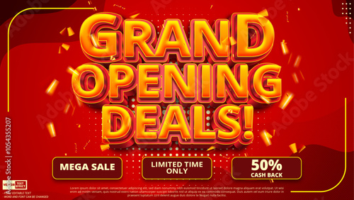 Grand opening deals mega sale limited time only get up to 50% off online shopping template with 3d editable vector text style effect 