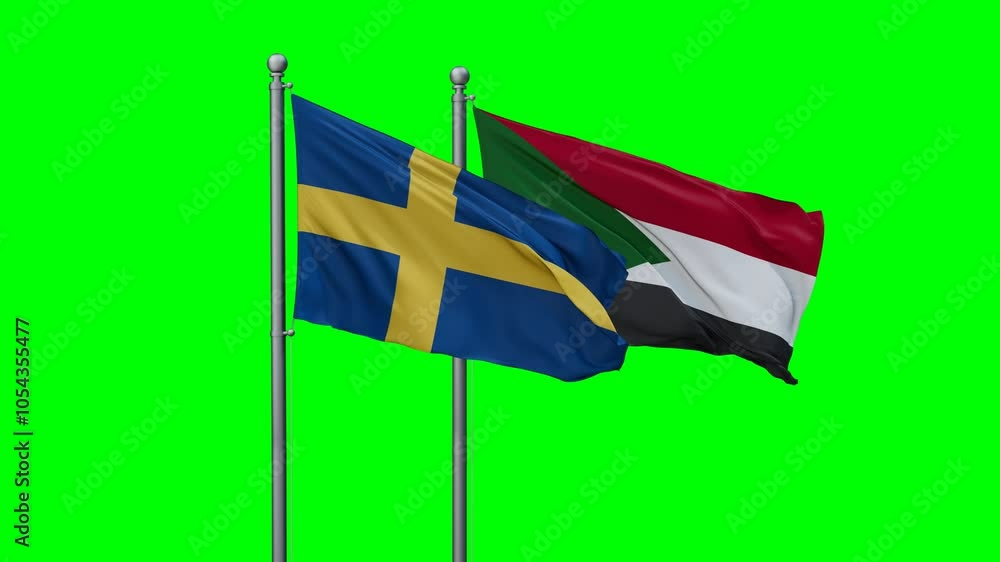 Sudan and Sweden flags flying together, video concept of the relationship with colored chroma key for easy background remove, two country cooperation concept Sudan and Sweden flags flying together, video concept of the relationship with colored chroma key for easy background remove, two country cooperation concept