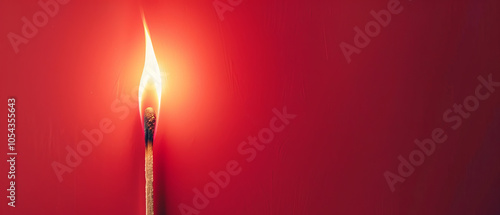 Burning matchstick on red background for artistic design and inspiration concepts