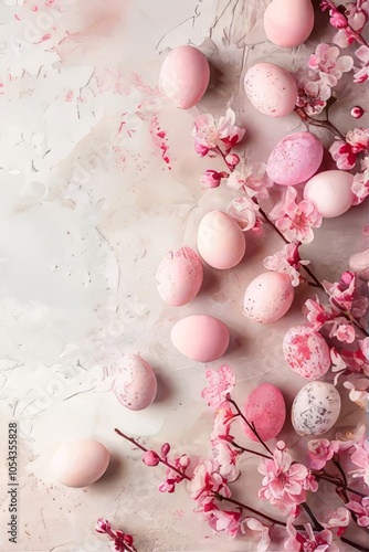 Happy Easter frame with pink easter eggs and cherry blossoms on light pink stone background with copy space. Spring horizontal banner template, greeting card. Top view, flat lay 