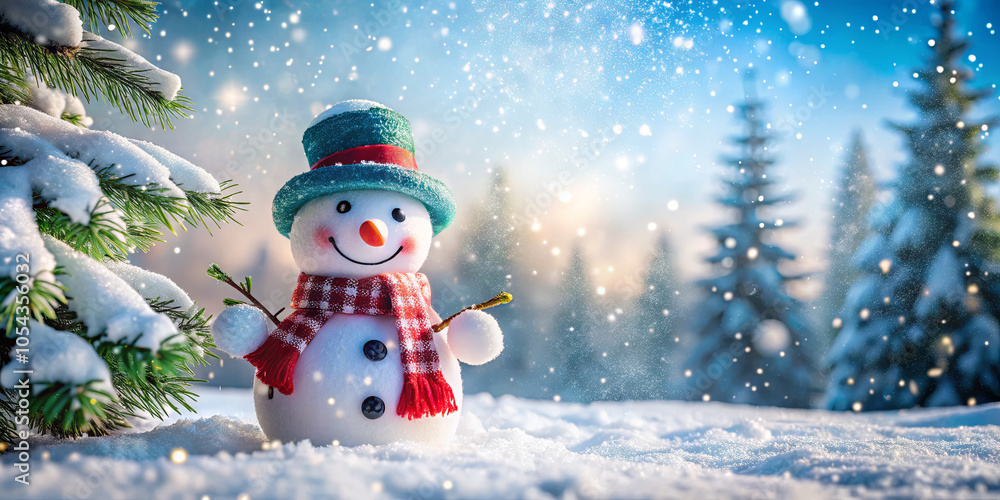 Fototapeta premium A snowman is dressed in a colorful scarf and hat, smiling as snowflakes softly fall from above. The scene features evergreen trees and a serene winter atmosphere