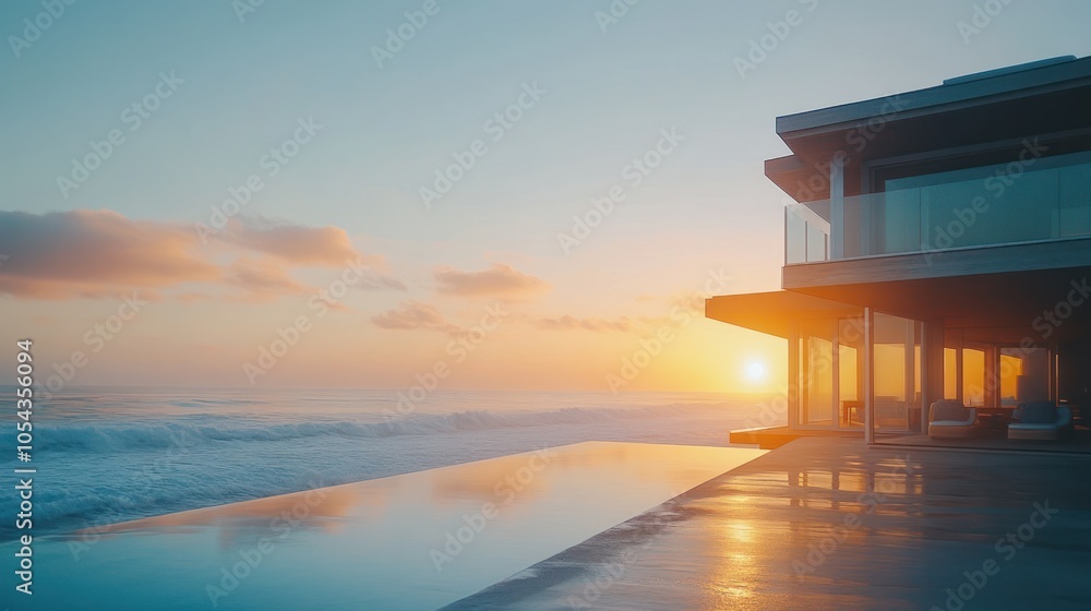 Modern home with infinity pool overlooking the ocean at sunset. Modern home with infinity pool overlooking the ocean at sunset.