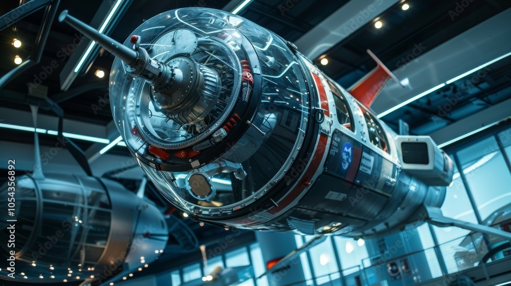 Obraz premium A stunning replica of a spaceship hangs from the ceiling adding to the futuristic and educational atmosphere.