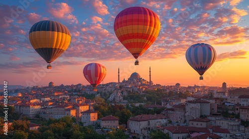 Colorful hot air balloons over a cityscape at sunset.