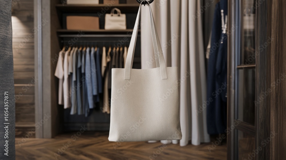 A canvas tote bag hangs from a hook in a modern boutique. Clothing items are neatly arranged on racks, and the atmosphere is warm and inviting, highlighting contemporary fashion and accessories. A canvas tote bag hangs from a hook in a modern boutique. Clothing items are neatly arranged on racks, and the atmosphere is warm and inviting, highlighting contemporary fashion and accessories.
