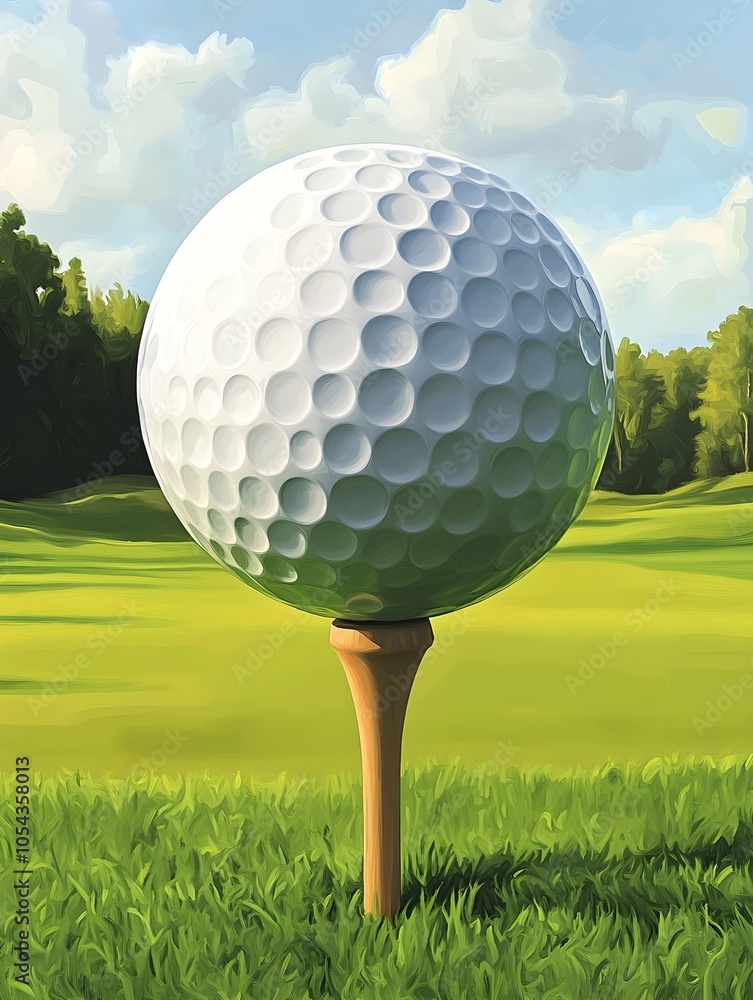 A golf ball on a tee against the backdrop of a beautifully manicured green golf course