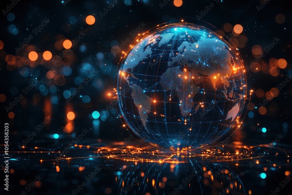 Illuminated Globe with Digital Network Connections and Bokeh Lights Illuminated Globe with Digital Network Connections and Bokeh Lights