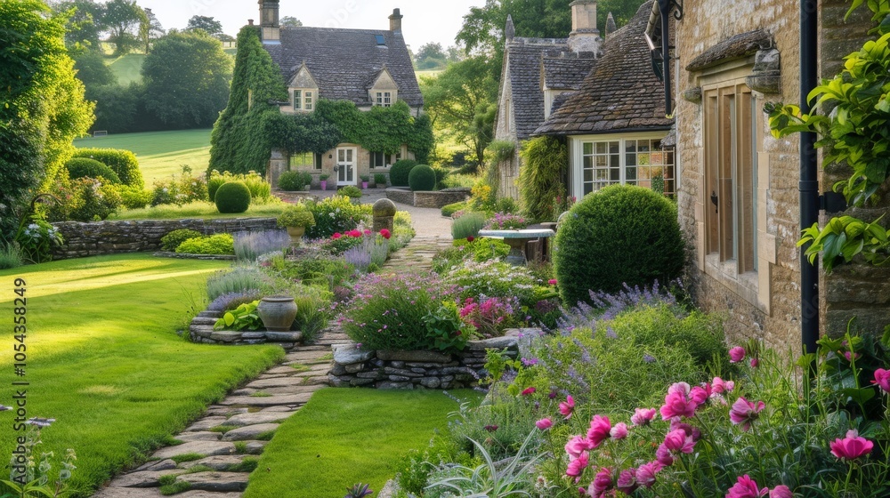 English country home with a traditional garden and stone pathways English country home with a traditional garden and stone pathways