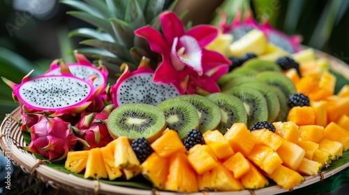 Exotic fruit platter with dragon fruit, kiwi, and pineapple photo