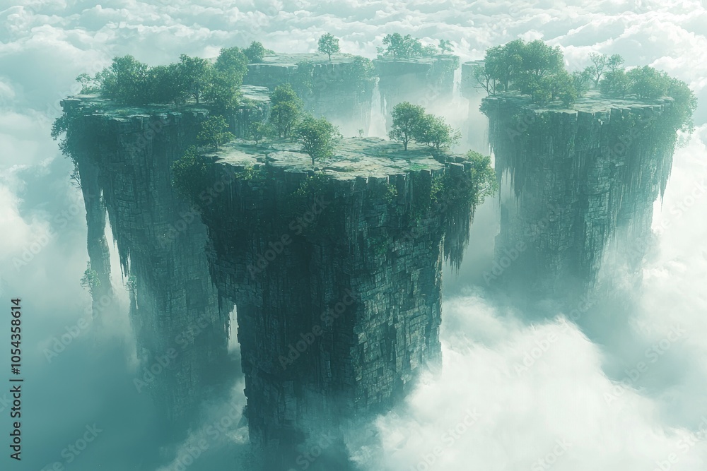 Fototapeta premium Floating Stone Pillars with Trees and Clouds