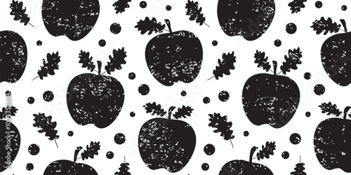 Charcoal Christmas apple seamless pattern, sweet fruit with leaf grunge background, black holiday crayon decoration New Year. Cute Xmas child chalk print. Winter ink vector illustration