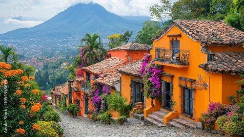 Colorful houses with flowers and a volcano in the background create a picturesque landscape.