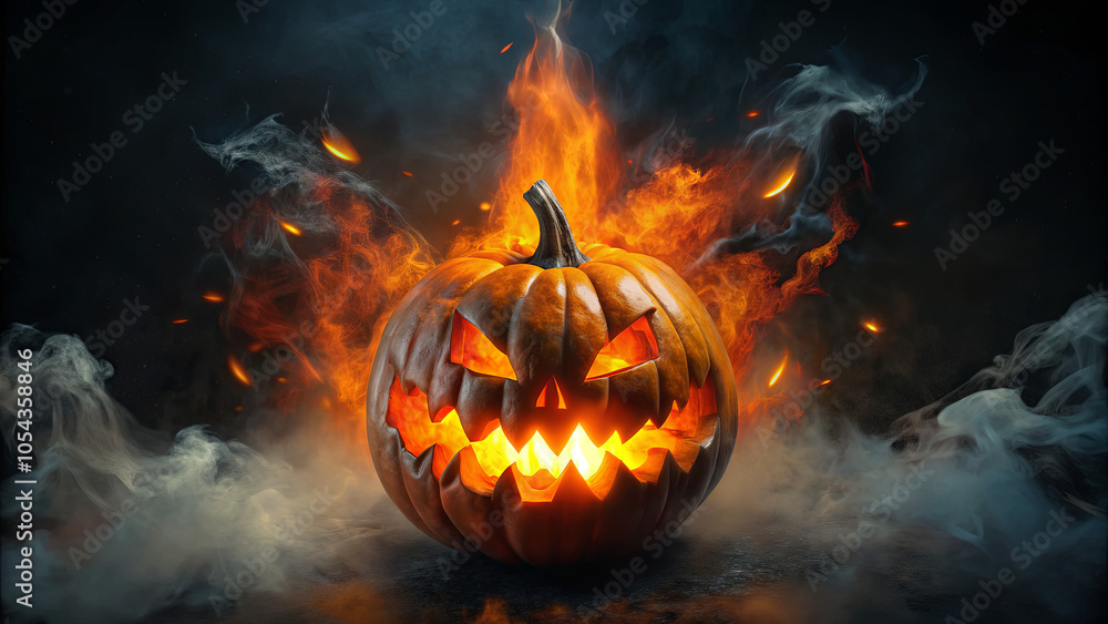 Naklejka premium A menacing jack-o'-lantern sits against a dramatic backdrop of flames and smoke, radiating an eerie glow, perfect for Halloween festivities and ambiance