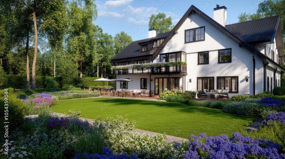 This beautiful house features a large lawn and lovely garden, providing an inviting space for relaxation and outdoor activities This beautiful house features a large lawn and lovely garden, providing an inviting space for relaxation and outdoor activities
