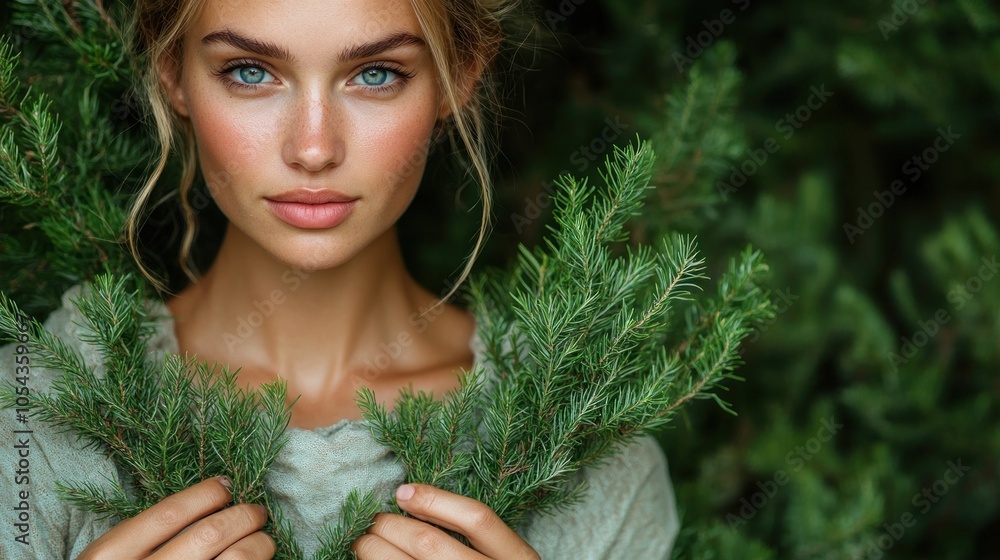 The woman holds vibrant greenery close to her face, showcasing her natural beauty and captivating blue eyes while surrounded by a tranquil backdrop of lush foliage The woman holds vibrant greenery close to her face, showcasing her natural beauty and captivating blue eyes while surrounded by a tranquil backdrop of lush foliage