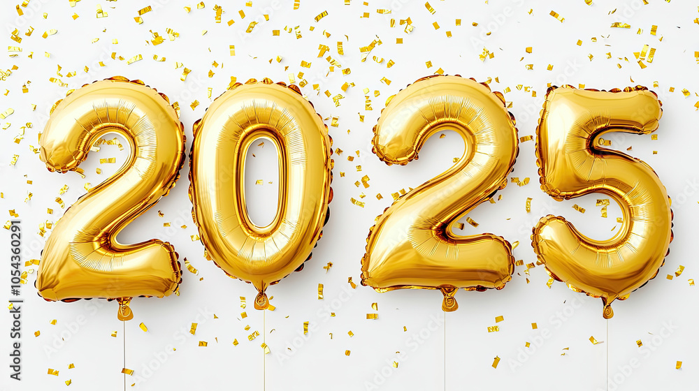 2025 celebration shiny golden number balloons on a white background. 2025 celebration shiny golden number balloons on a white background.