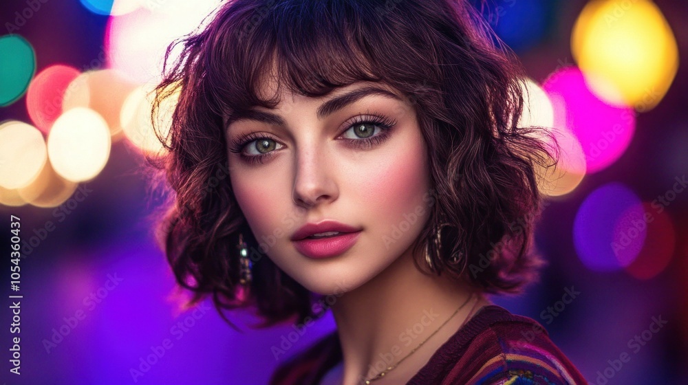 A young woman with stylish curly hair gazes directly into the camera, her colorful attire contrasting beautifully with the blurred lights of the city at night A young woman with stylish curly hair gazes directly into the camera, her colorful attire contrasting beautifully with the blurred lights of the city at night