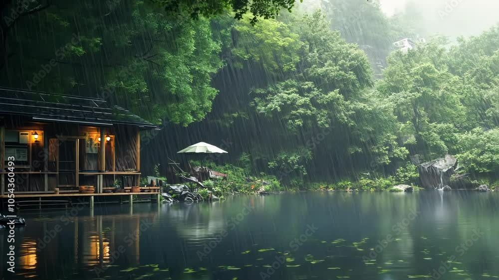 A small wooden cabin sits on the edge of a calm lake during a heavy rainstorm A small wooden cabin sits on the edge of a calm lake during a heavy rainstorm