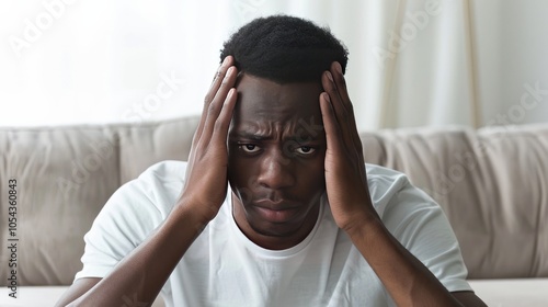 African american young man sits on couch, looking stressed with hands on temples 