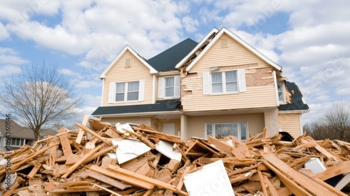 A dilapidated multi-story house shows damaged walls and debris under a blue sky with clouds and a nearby tree