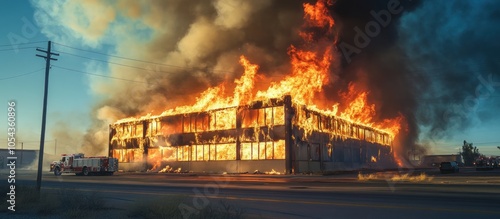 A large commercial building engulfed in flames with smoke billowing out of the windows. A fire truck is parked in the foreground, while a second truck can be seen in the distance. photo