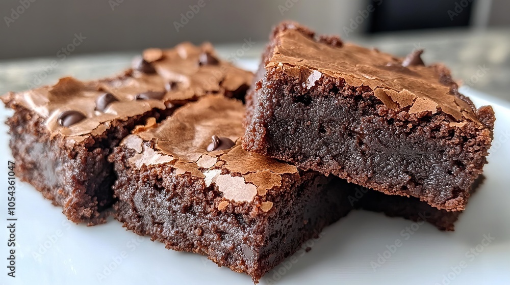 Close up of chocolate brownies on a white plate. The fudgy brownies look delicious and decadent. Close up of chocolate brownies on a white plate. The fudgy brownies look delicious and decadent.