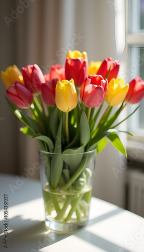 Vibrant bouquet of tulips in a glass vase, bright colors, indoor decor. 