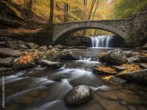 Stone Bridge Over Autumn Waterfall - Scenic Forest Landscape photo