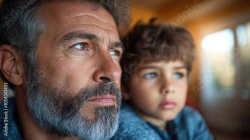 A father and his young son sit side by side in a warmly lit living room, both lost in thought. The father has a thoughtful expression, while the boy gazes intently, creating a poignant moment