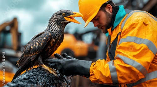 Oil-covered seabird being cleaned by rescuers, symbolizing the tragic impact of oil spills on wildlife and the need for immediate response